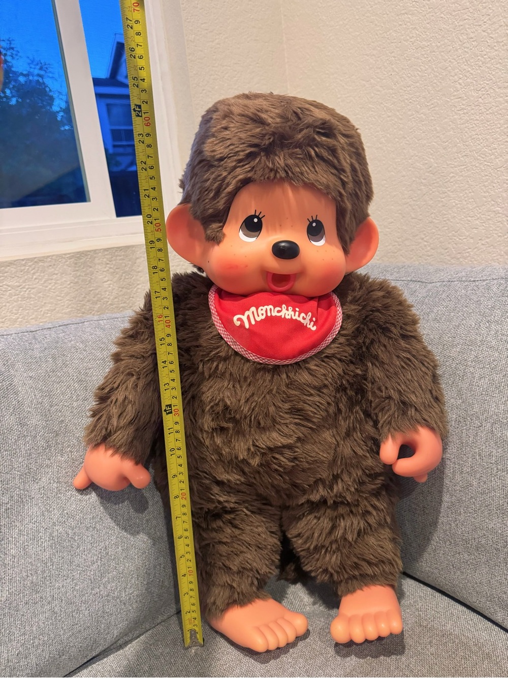 Monchhichi Plush Doll in Brown with Red Bib